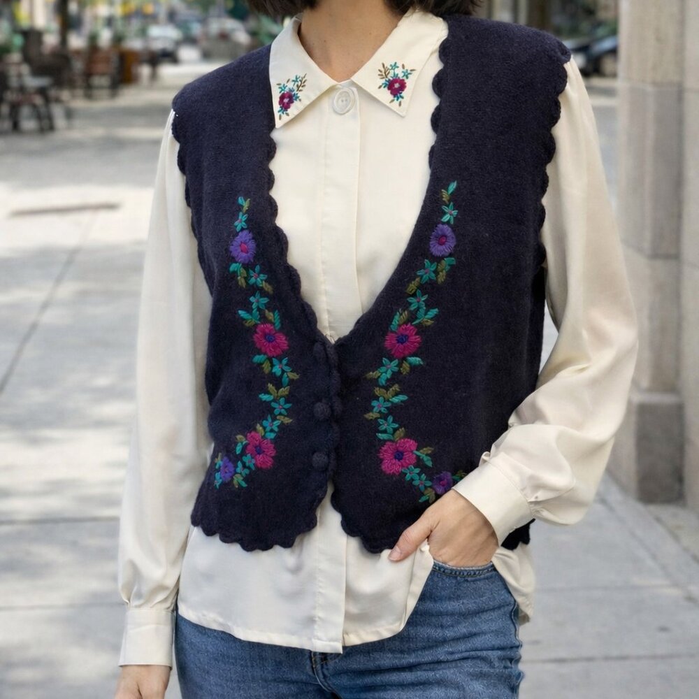 Vintage 80s Koret Wool Angora Vest & Blouse Set – Embroidered Folk Floral – Size